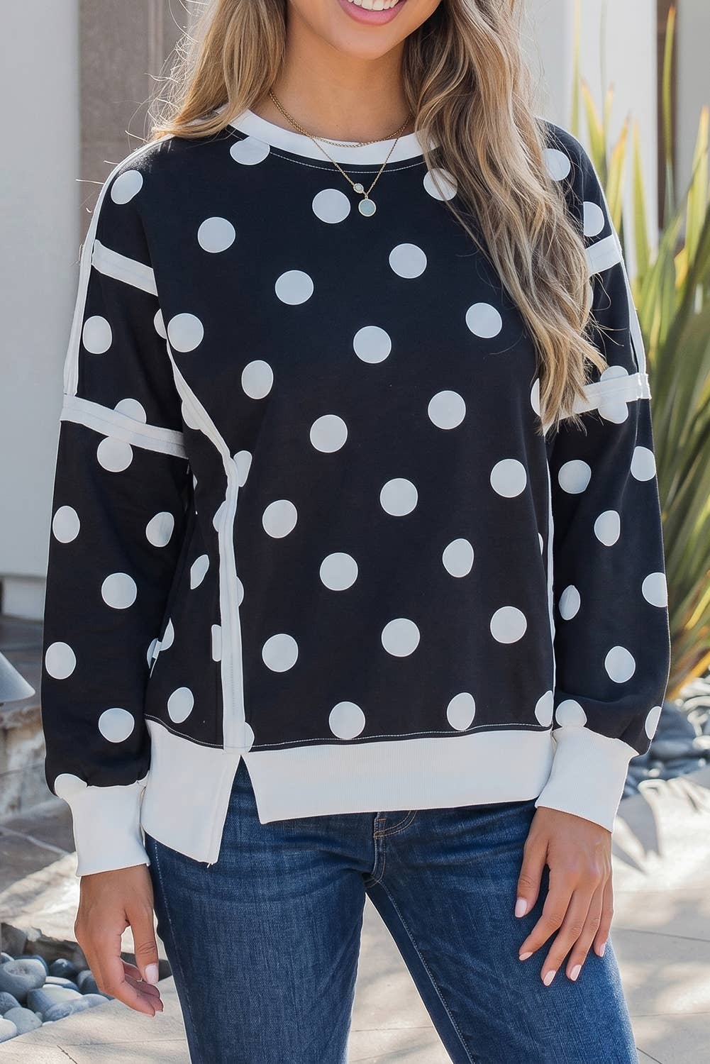 Polka Dots Patchwork Long Sleeve Round Neck Sweatshirt