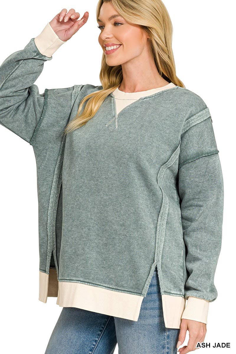 Fleece Acid Washed Contrast Trim Pullover