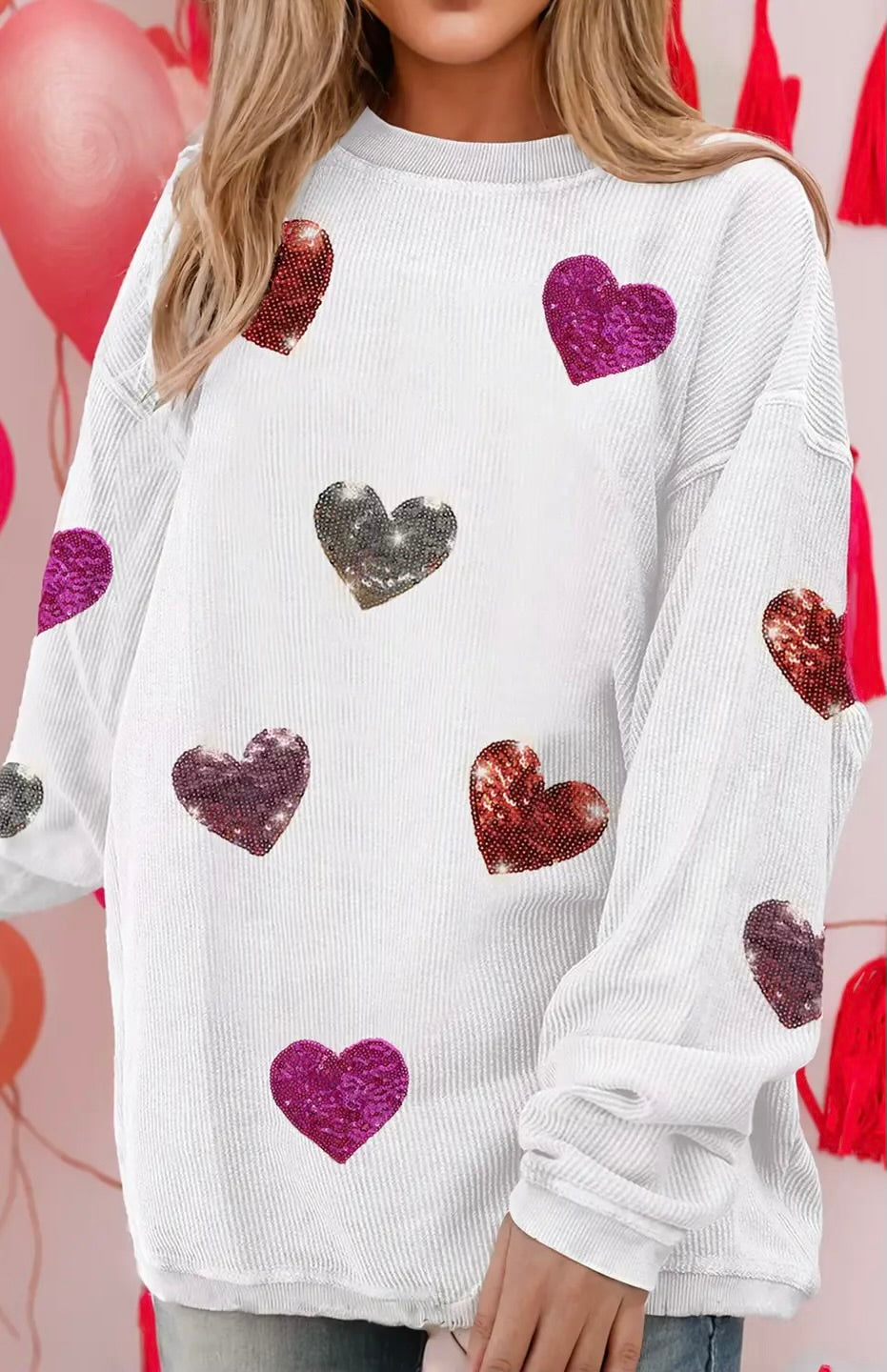 Valentines Heart Patched Pattern Pullover Sweatshirt