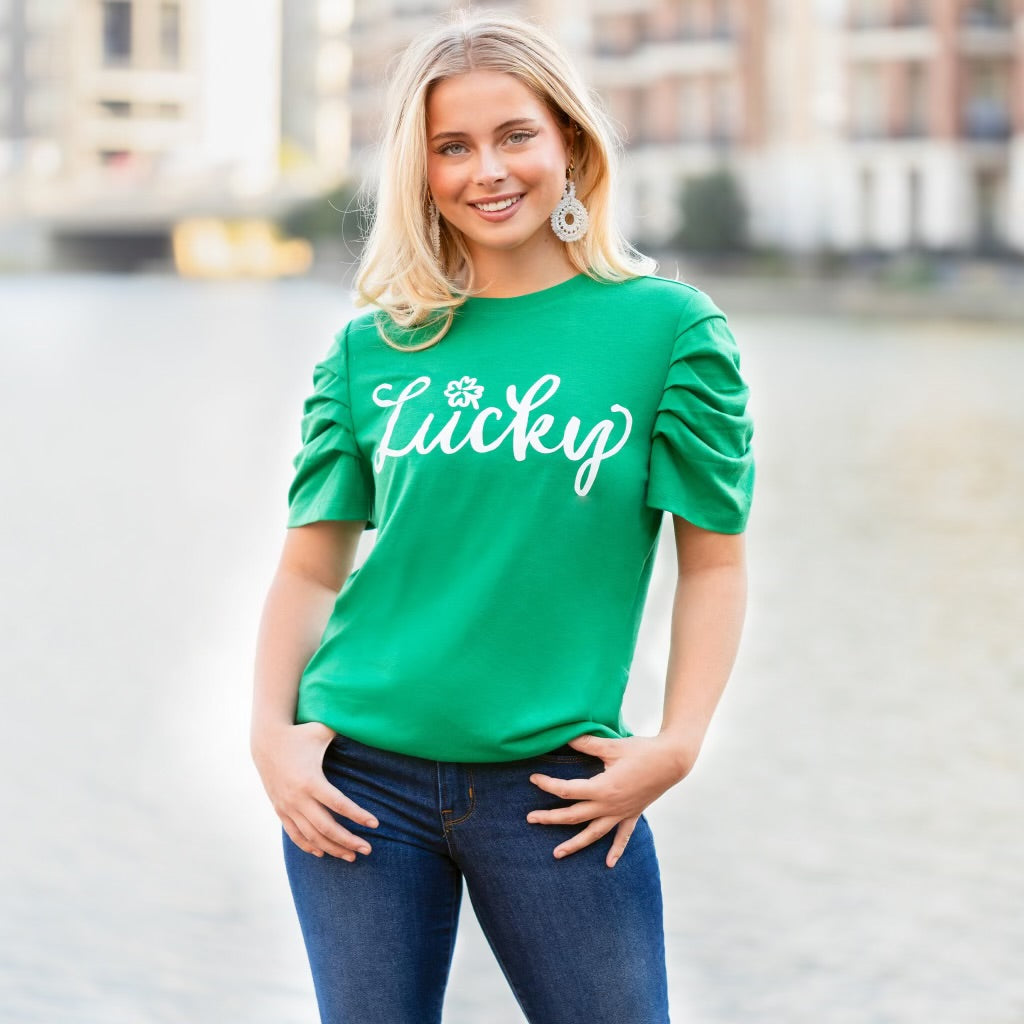 Lucky St. Patrick’s Day Bunched Sleeve Top