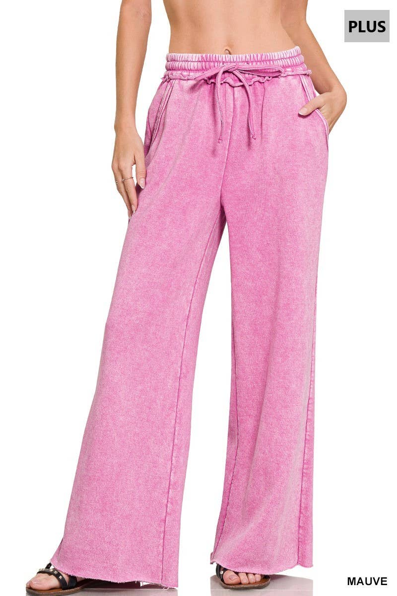 Plus Acid Wash Fleece Palazzo Sweatpants With Pockets