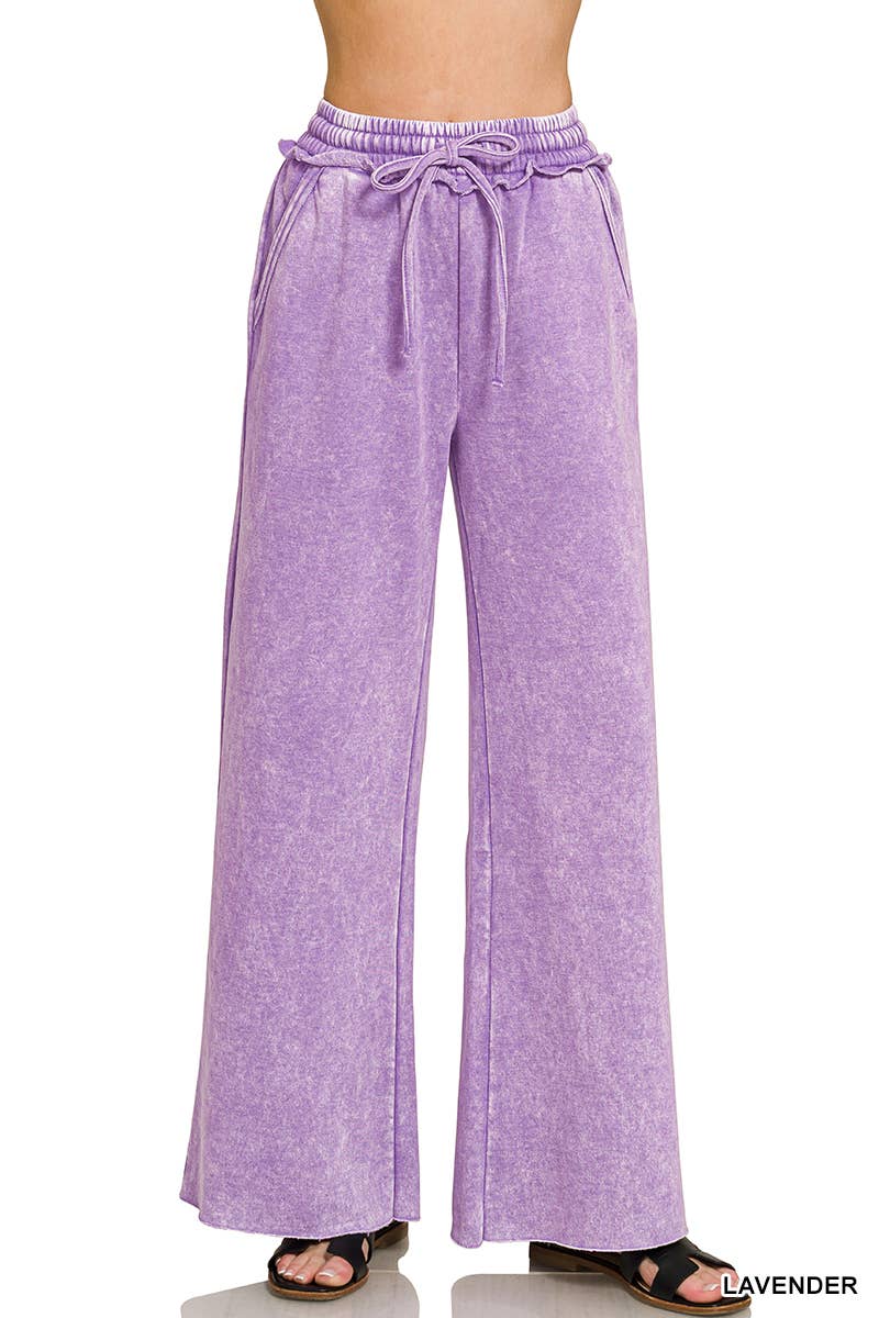 Acid Wash Fleece Palazzo Sweatpants With Pockets