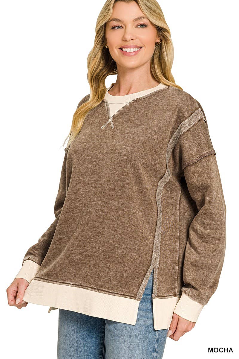 Fleece Acid Washed Contrast Trim Pullover