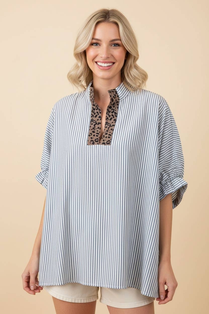 HT20139 Striped Oversized Split Neck Short Sleeve Top