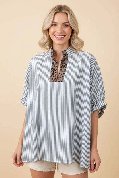 HT20139 Striped Oversized Split Neck Short Sleeve Top