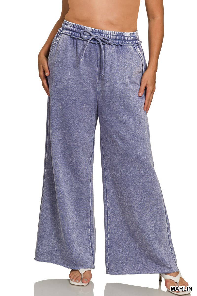 Plus Acid Wash Fleece Palazzo Sweatpants With Pockets