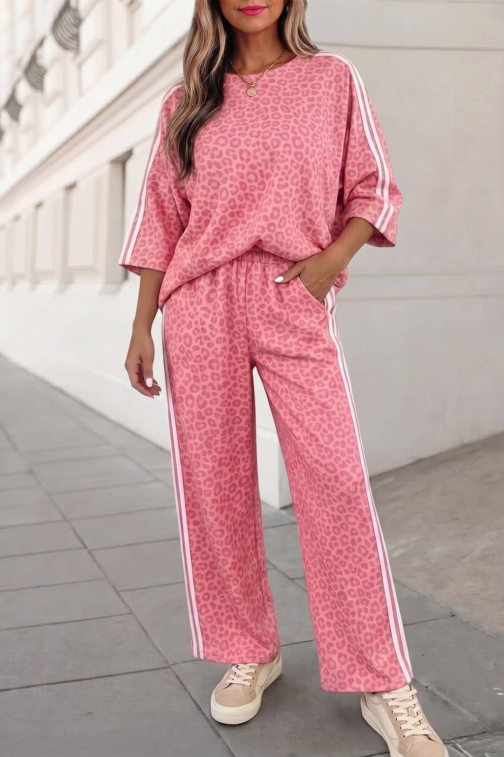 Leopard Print Striped Detail Crewneck Pants Set