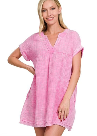 Zenana Washed Gauze Pink Summer Dress
