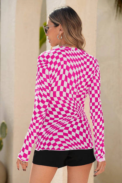 Mesh Swirl Checkered Mock Neck Top