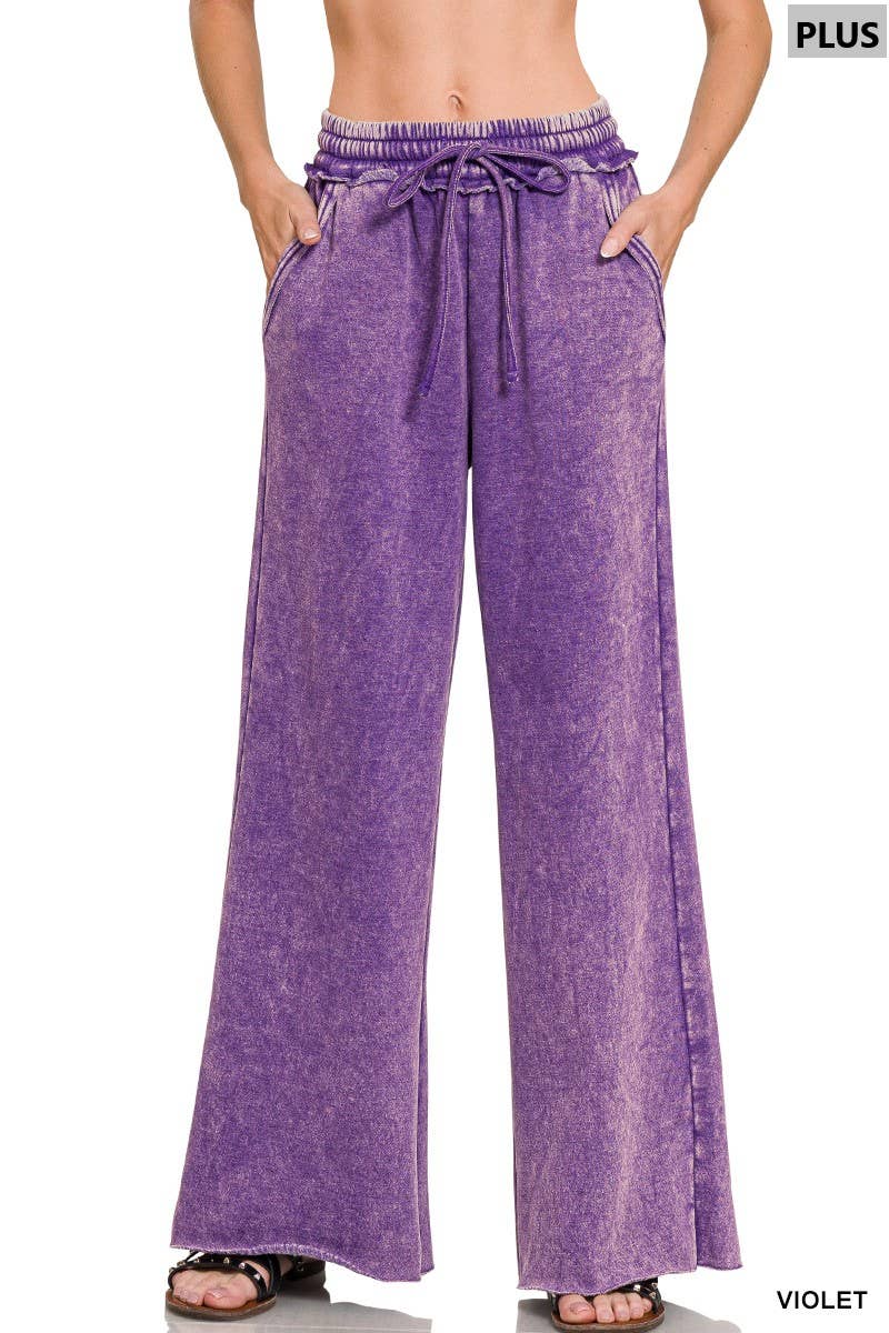 Plus Acid Wash Fleece Palazzo Sweatpants With Pockets