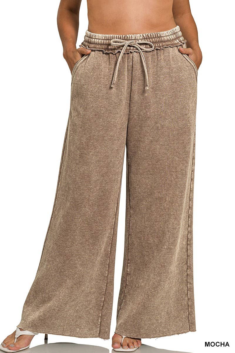Plus Acid Wash Fleece Palazzo Sweatpants With Pockets