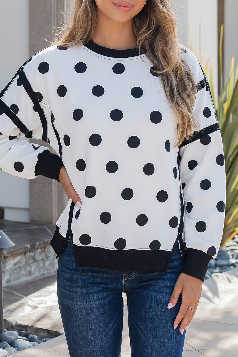 Polka Dots Patchwork Long Sleeve Round Neck Sweatshirt