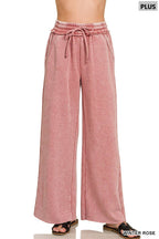 Plus Acid Wash Fleece Palazzo Sweatpants With Pockets