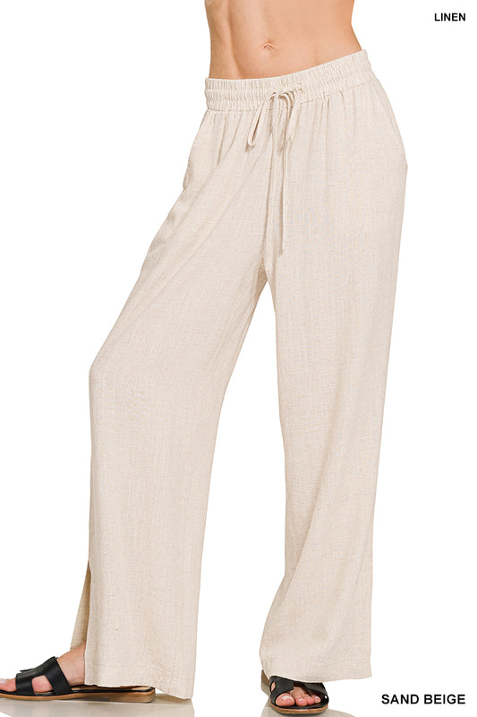 Linen Wide-Leg Drawstring Pants – Sand Beige