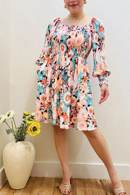 Multi Color Floral Print Shirred Long Sleeve Women’s Dress