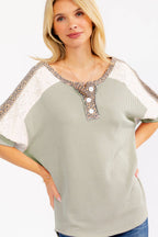 Leopard Print Lace Contrast Henley Top