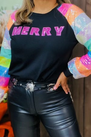 Black & Pink Merry and Multi Color Sequin Long Sleeve Top