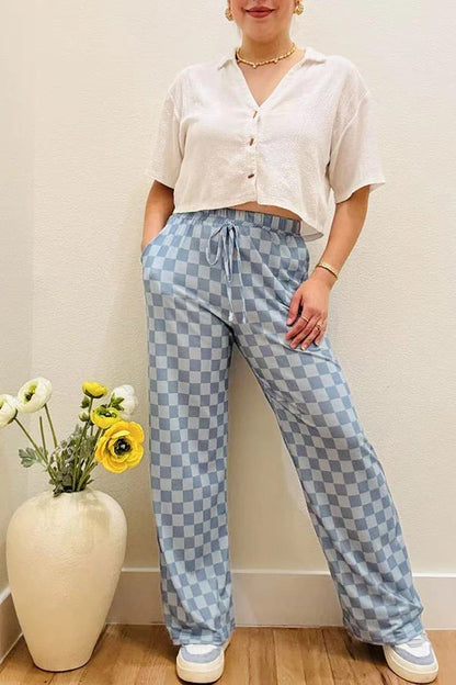 Sky Blue Loose Style Checkered Pants