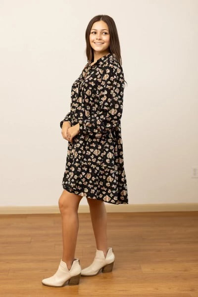 Abstract Floral Tiered Dress-Black