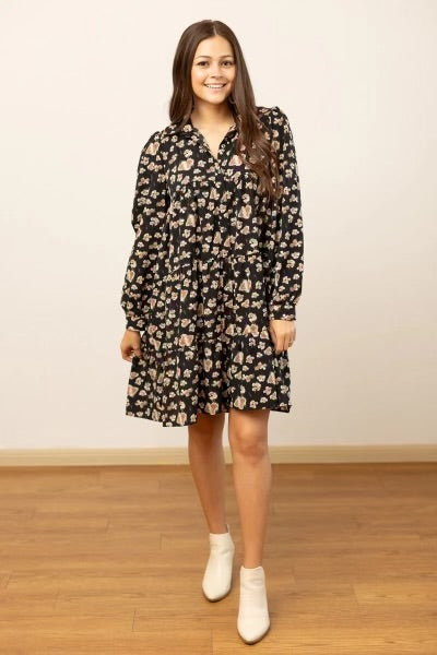 Abstract Floral Tiered Dress-Black