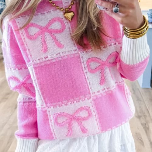 Pink Bow Knot Two Tone Checkered Crew Neck Sweater