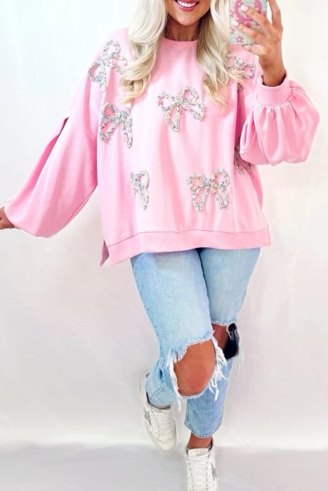 Embroidered Bow Sleeve Oversized Pullover Sweatshirt