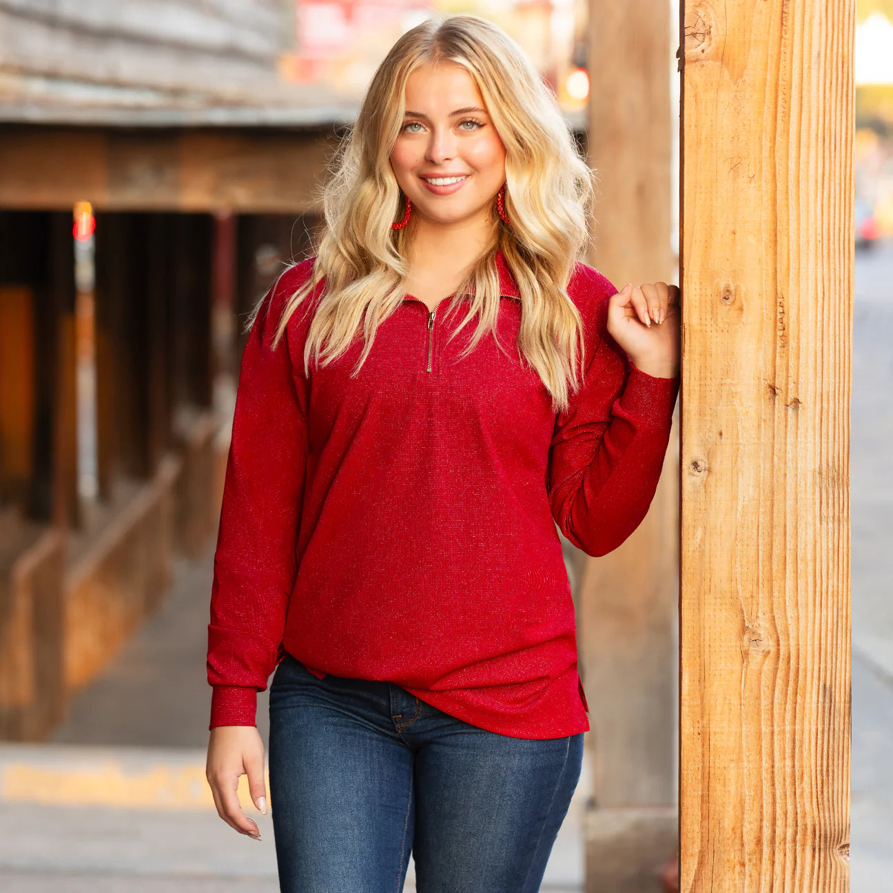 Sparkly Half Zip Pullover-Black, Red