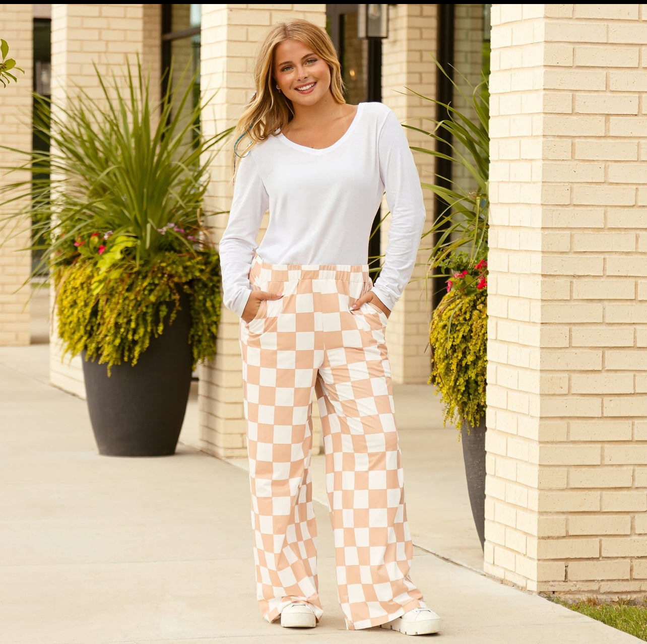 Tan & White Checkered Pants