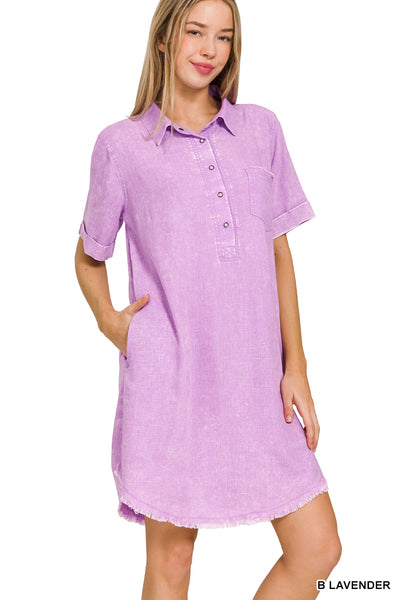 WASHED LINEN RAW EDGE BUTTON DOWN V-NECK DRESS