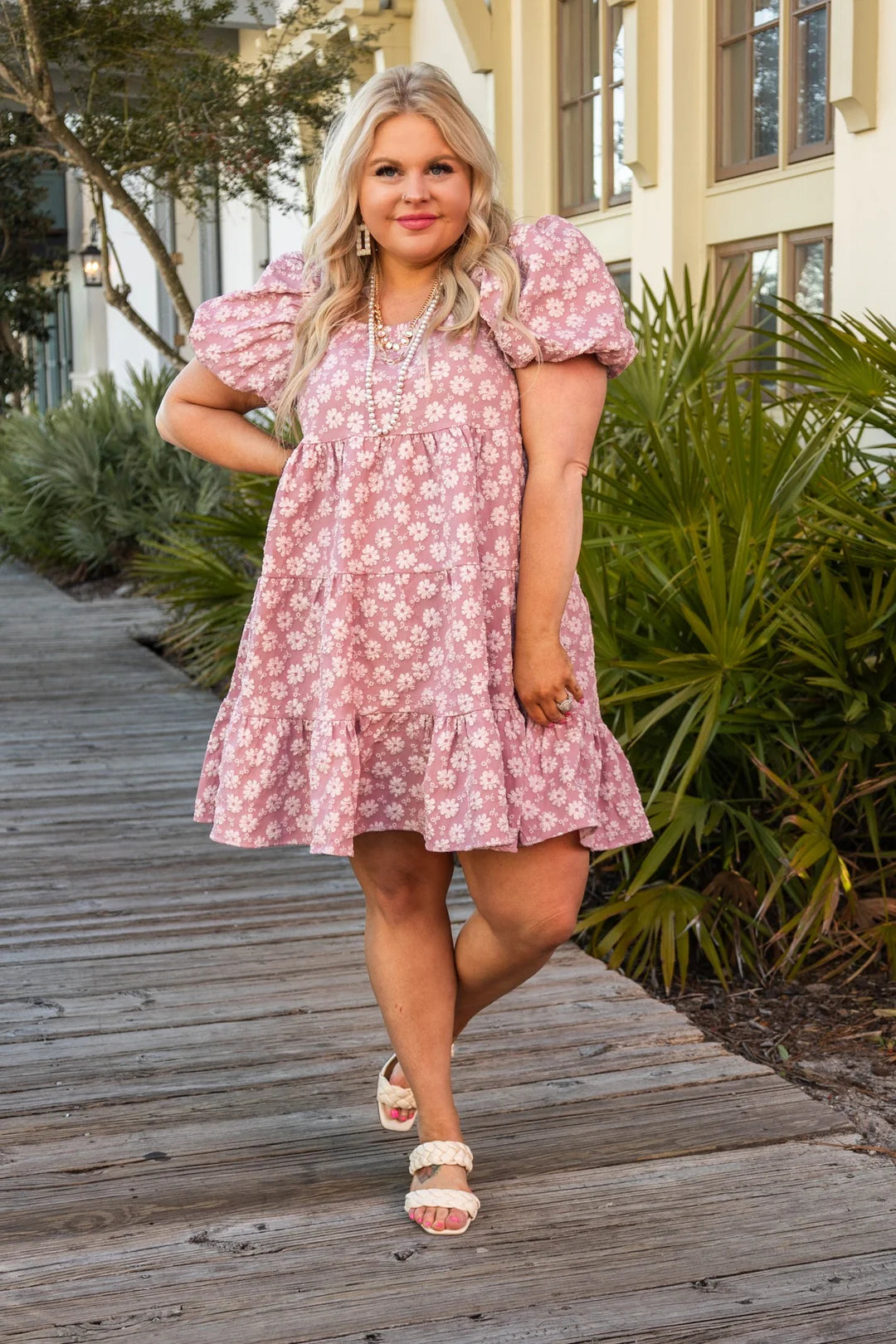 Jacquard Puff Dress Beige, Lavender, & Red