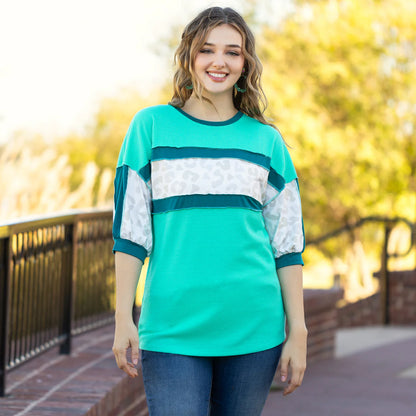 Leopard Color Block Quarter Sleeve Top