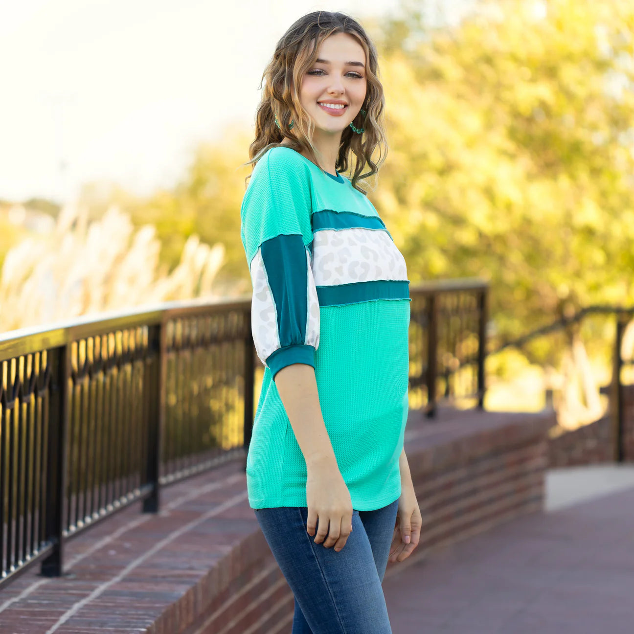 Leopard Color Block Quarter Sleeve Top