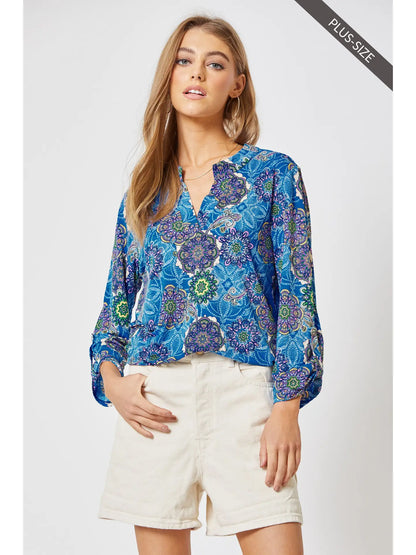 3/4 Sleeve Medallion Wrinkle Free Blouse