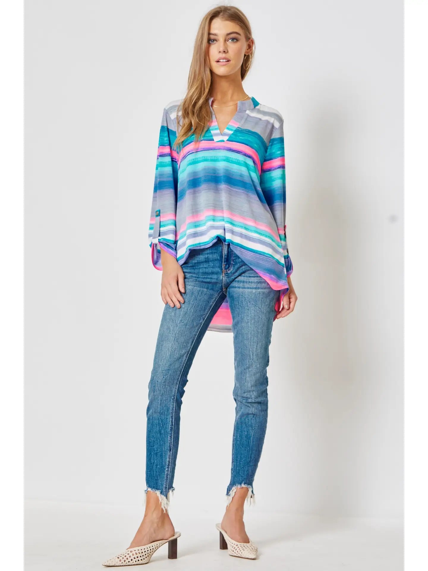 3/4 Sleeve Multicolor Striped Wrinkle Free Blouse