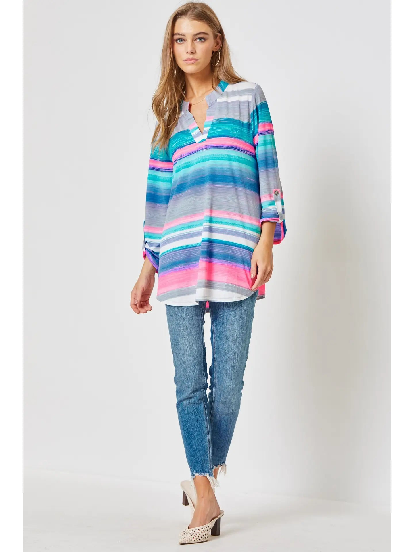 3/4 Sleeve Multicolor Striped Wrinkle Free Blouse