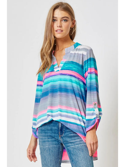 3/4 Sleeve Multicolor Striped Wrinkle Free Blouse