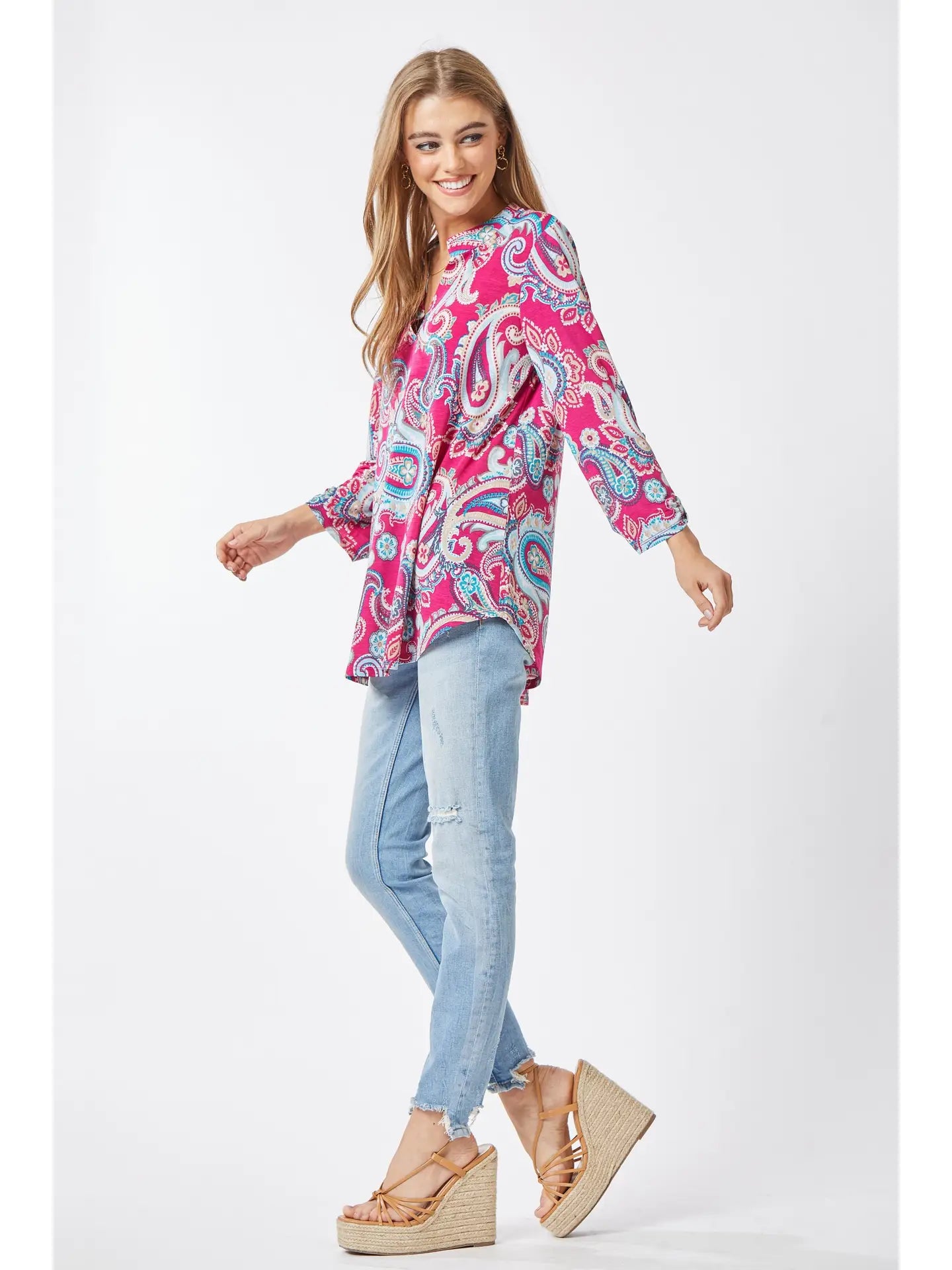 3/4 Sleeve Swirl Wrinkle Free Magenta Blouse