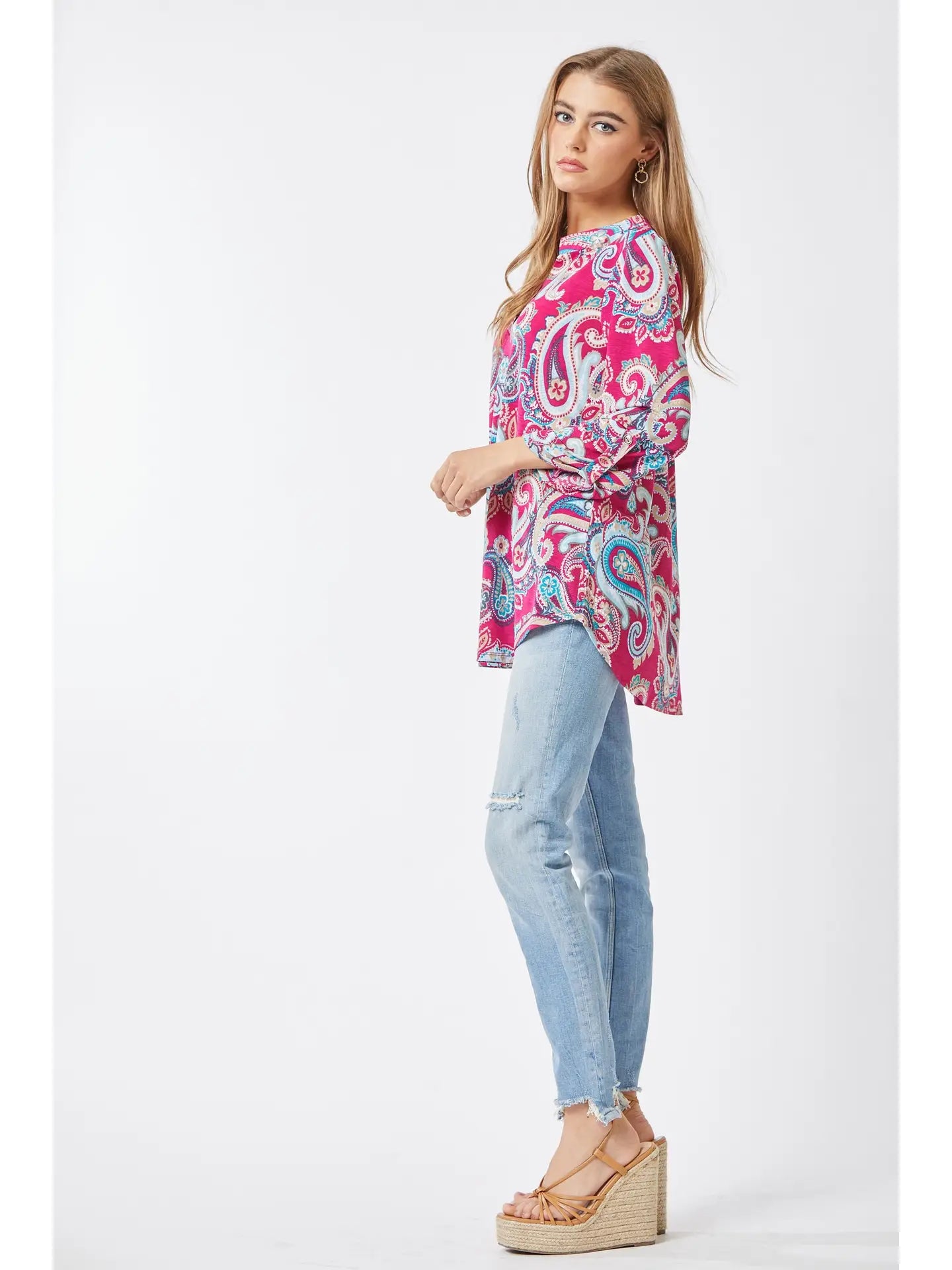 3/4 Sleeve Swirl Wrinkle Free Magenta Blouse