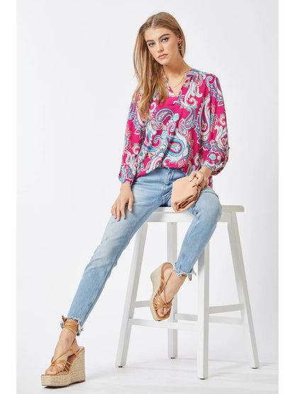 3/4 Sleeve Swirl Wrinkle Free Magenta Blouse