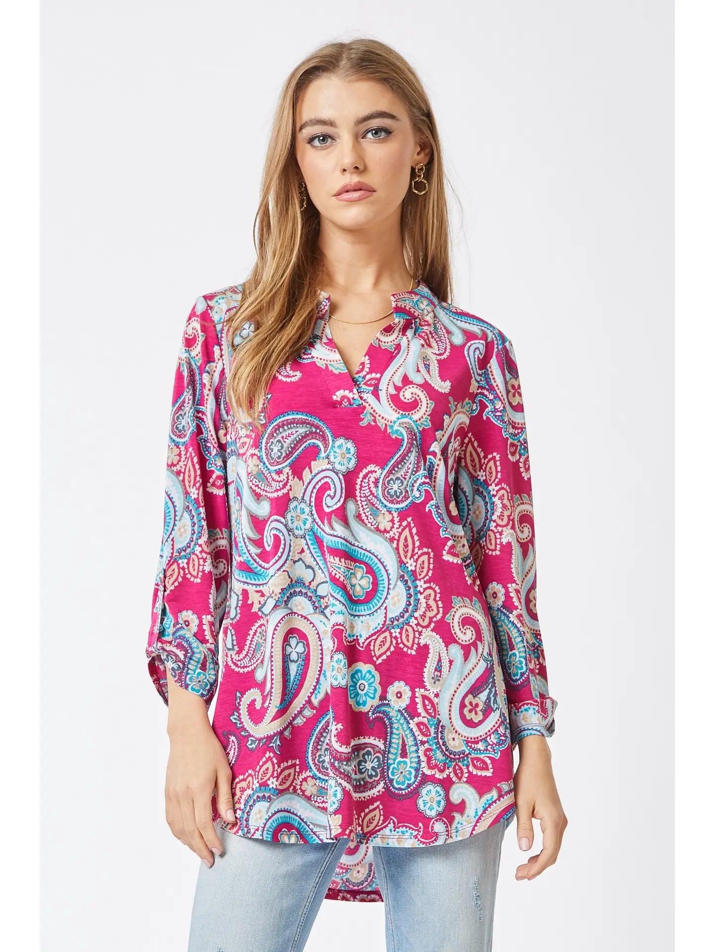 3/4 Sleeve Swirl Wrinkle Free Magenta Blouse