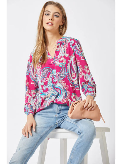 3/4 Sleeve Swirl Wrinkle Free Magenta Blouse