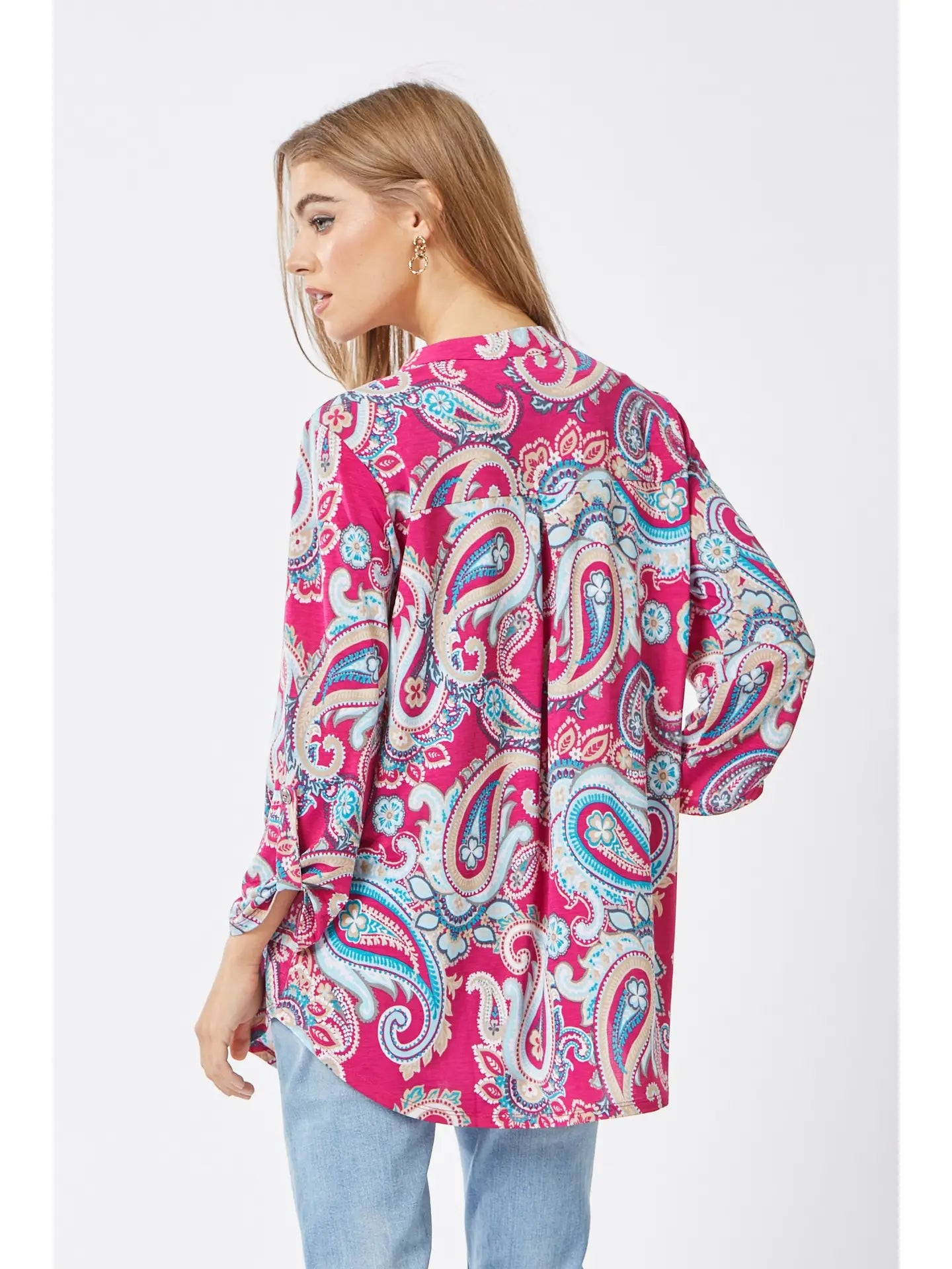 3/4 Sleeve Swirl Wrinkle Free Magenta Blouse