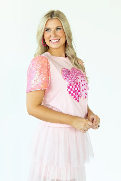 Patterned Hearts with Sequin Sleeve Top