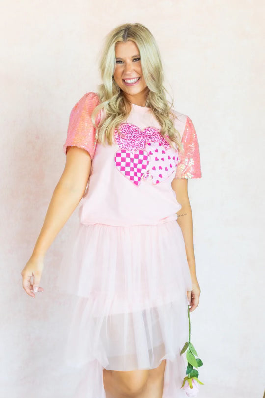 Patterned Hearts with Sequin Sleeve Top