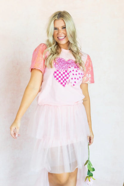 Patterned Hearts with Sequin Sleeve Top