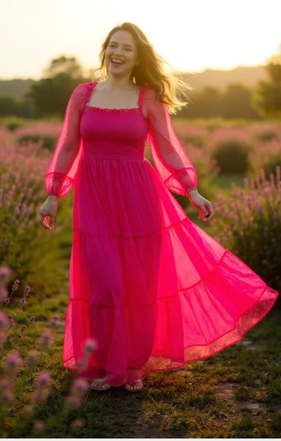 Sunset Bloom Mesh Maxi Dress