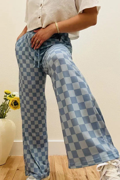 Sky Blue Loose Style Checkered Pants