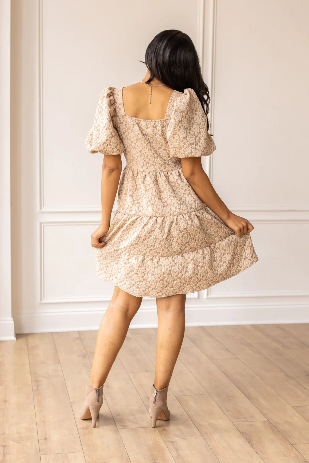 Jacquard Babydoll Dress Beige