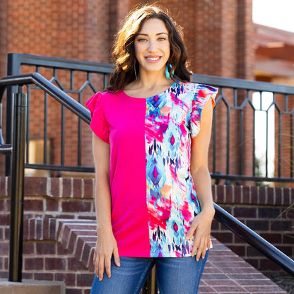 Floral Color Block Half Sleeve Top with Ruffle Sleeves