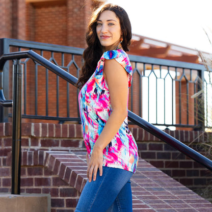 Floral Color Block Half Sleeve Top with Ruffle Sleeves